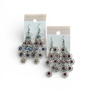 Silver Floral Chandelier Earrings Set Multicolor Dangle Statement Boho Earrings